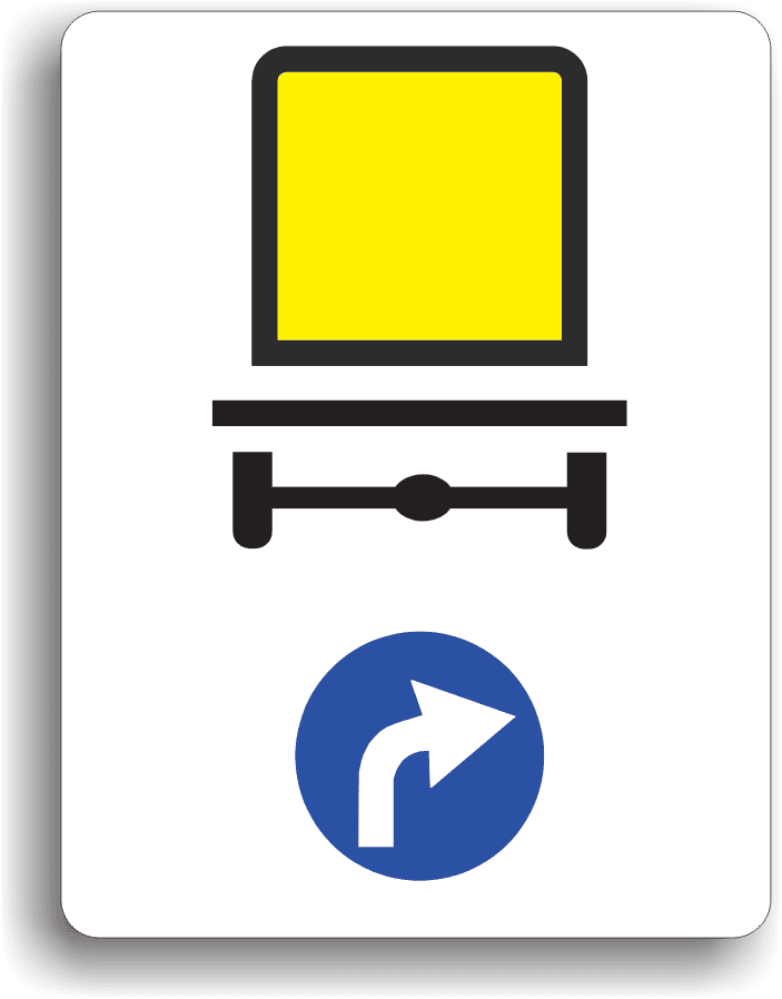 La întâlnirea acestui indicator, vehiculele care transportă mărfuri periculoase sunt obligate să circule pe direcția indicată de săgeată: la dreapta.