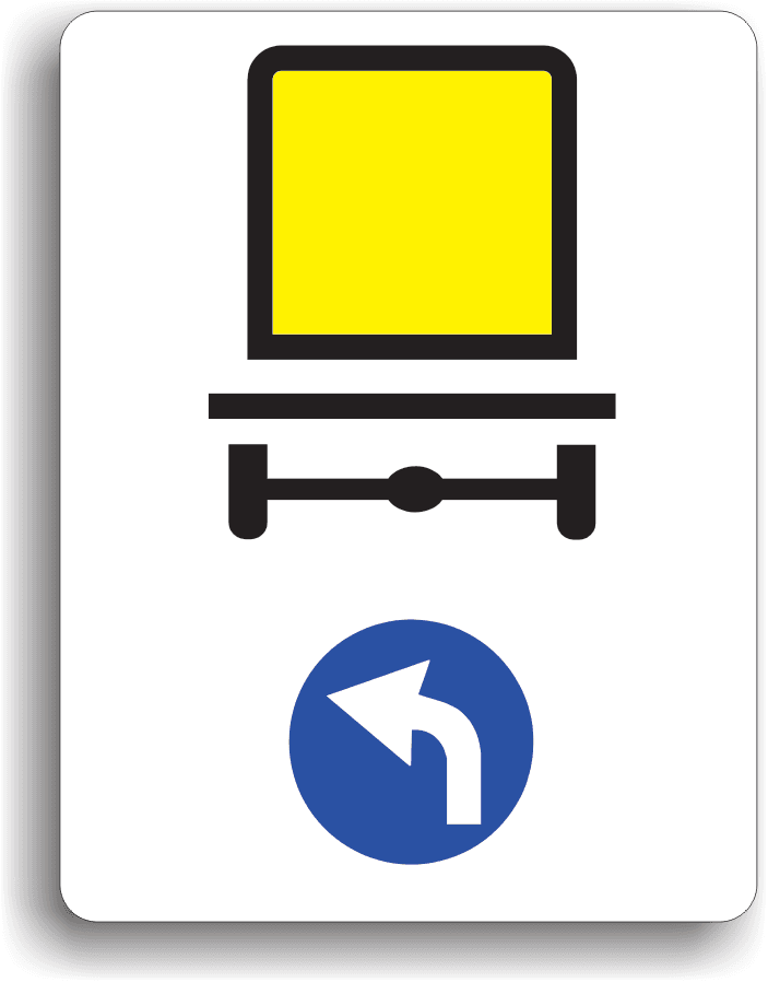 La întâlnirea acestui indicator, vehiculele care transportă mărfuri periculoase sunt obligate să circule pe direcția indicată de săgeată: la stânga.