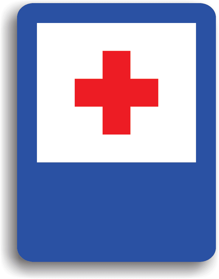 Are rolul de a informa conducătorul auto că în apropiere se afla un post de prim ajutor. Pe indicator poate fi înscrisă și distanța până la respectivul punct.