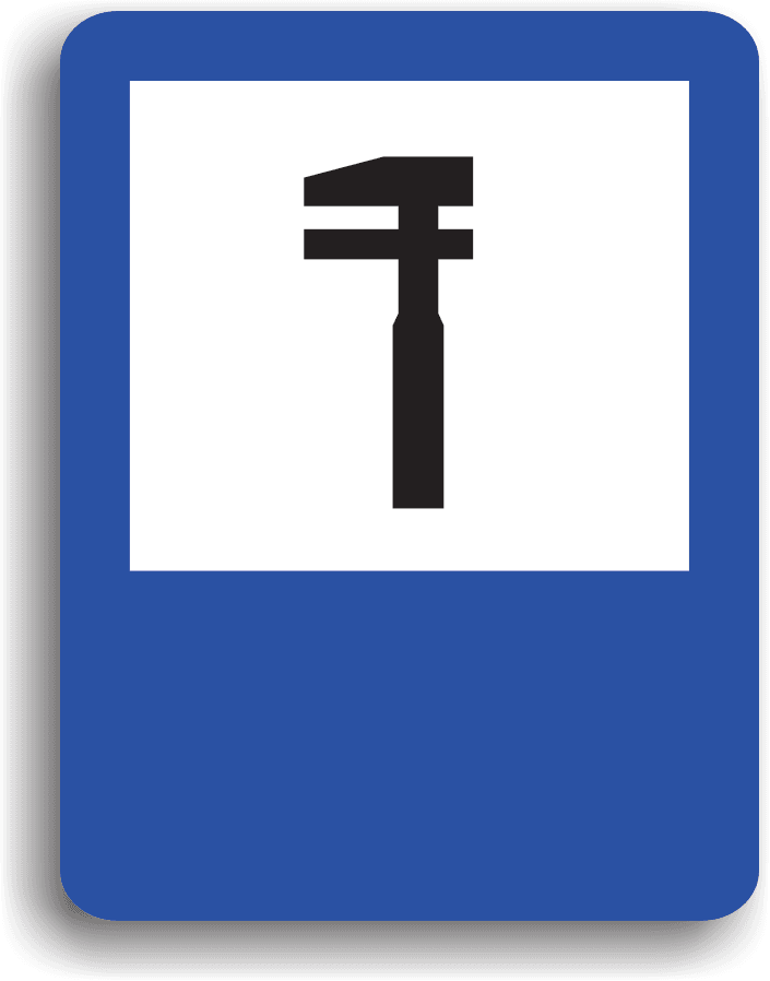 Conducătorul auto poate întâlni acest indicator în apropierea unui service auto. Pe indicator poate fi înscris și programul de funcționare.