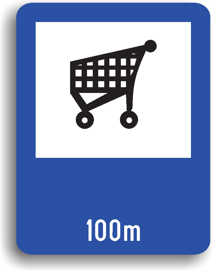 Se amplasează în apropierea unui supermarket. Pe indicator poate fi inscripționată și distanța la care se află.