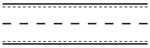 Marcajul de separare a sensurilor de circulație este format dintr-o linie discontinuă simplă. Marcajul de delimitare a părții carosabile este cu linie discontinuă.