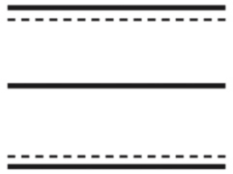 Marcaj de separare a sensurilor de circulație format dintr-o linie continuă simplă. Marcaj de delimitare a părții carosabile cu linie discontinuă.