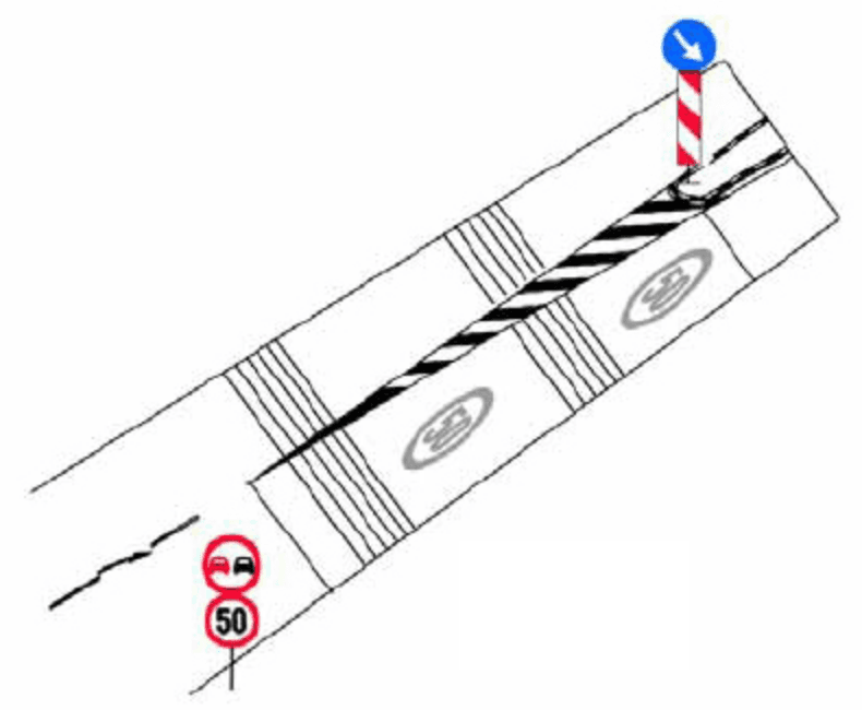 Pe autostrăzi, pe drumuri expres și pe drumuri naționale deschise traficului internațional (E), la extremitățile părții carosabile, se aplică marcaje rezonatoare (la călcarea acestor benzi, roțile fac zgomot), pentru avertizarea conducătorilor de autovehicule la ieșirea de pe partea carosabilă.