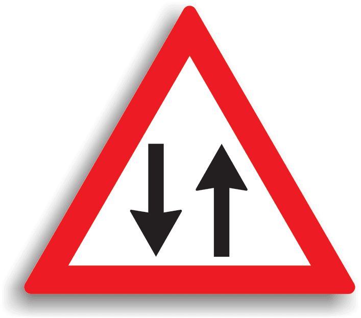 Este întâlnit la ieșirea de pe un drum public cu sens unic. Are rolul de a atenționa conducătorul auto că pe sectorul de drum următor se va circula în ambele sensuri.