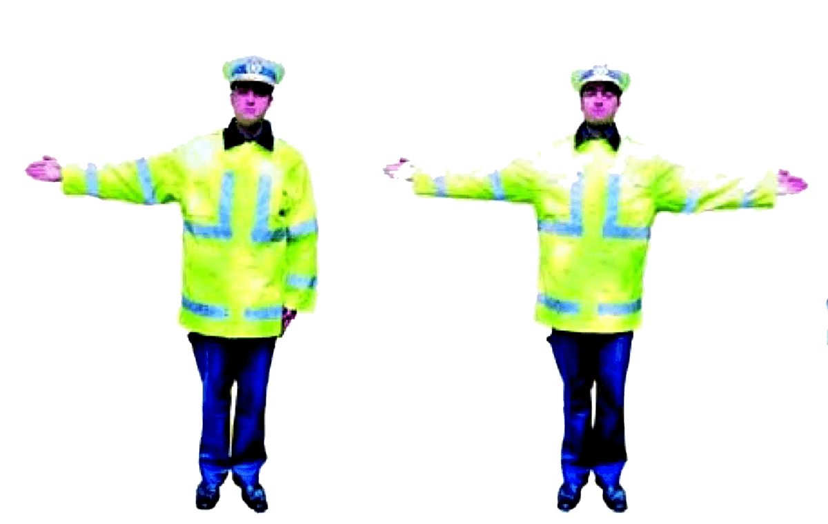 Semnifică oprire pentru cei care circulă din direcția (direcțiile) intersectate de brațul (brațele) întinse. După ce a dat acest semnal, polițistul poate coborî brațele, aceasta însemnând oprire pentru cei din față sau din spate.

- braţul drept orizontal semnifică oprire pentru vehiculele care vin din spatele poliţistului; pot trece cei care vin din faţă şi din lateral;
- braţul stâng orizontal semnifică oprire pentru cei care vin din faţa poliţistului; pot trece cei care vin din spate şi din lateral.