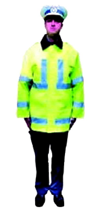 Brațele în prelungirea corpului (poziția de drepți) indică „Oprire” atât pentru participanții la trafic care se apropie de intersecție, indiferent de direcția din care circulă, cât și pentru cei surprinși în intersecție de acest semnal (semnalul este similar cu lumina de culoare roșie a semaforului).