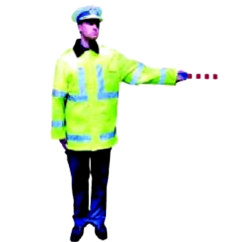 Balansarea cu brațul, pe verticală, a unui dispozitiv cu lumină roșie sau a bastonului reflectorizant noaptea semnifică oprire pentru cei spre care este îndreptat dispozitivul
