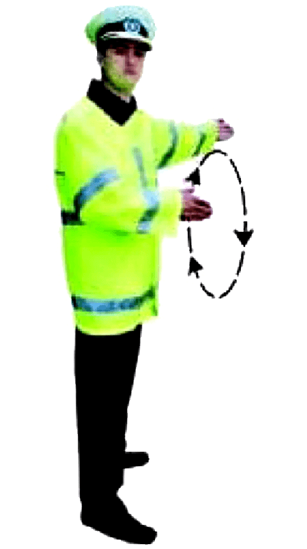 Rotirea vioaie a brațului semnifică "Mărirea vitezei" și "Grăbirea traversării drumului de către pietoni"