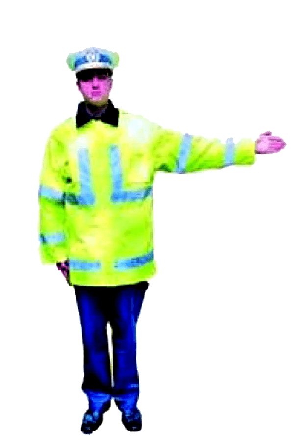 Brațul stâng orizontal semnifică oprire pentru cei care vin din fața polițistului; pot trece cei care vin din spate și din lateral.