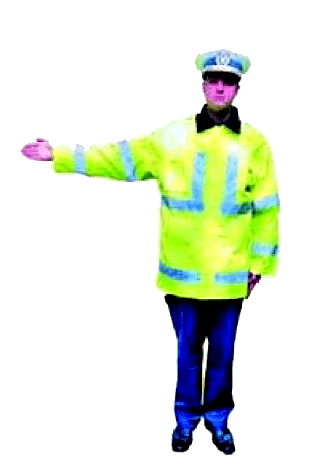 Brațul drept orizontal semnifică oprire pentru vehiculele care vin din spatele polițistului; pot trece cei care vin din față și din lateral.