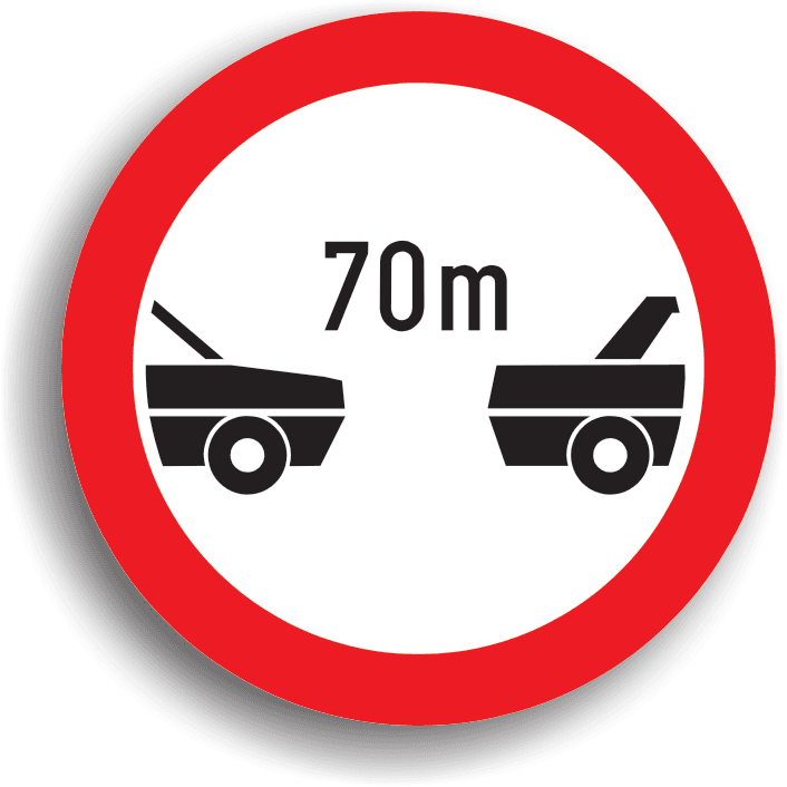 Se instalează pe sectorul de drum unde trebuie păstrată o distanță minimă între autovehicule. Poate fi însoțit de un panou adițional pe care este înscrisă lungimea sectorului de drum pe care se impune restricția.