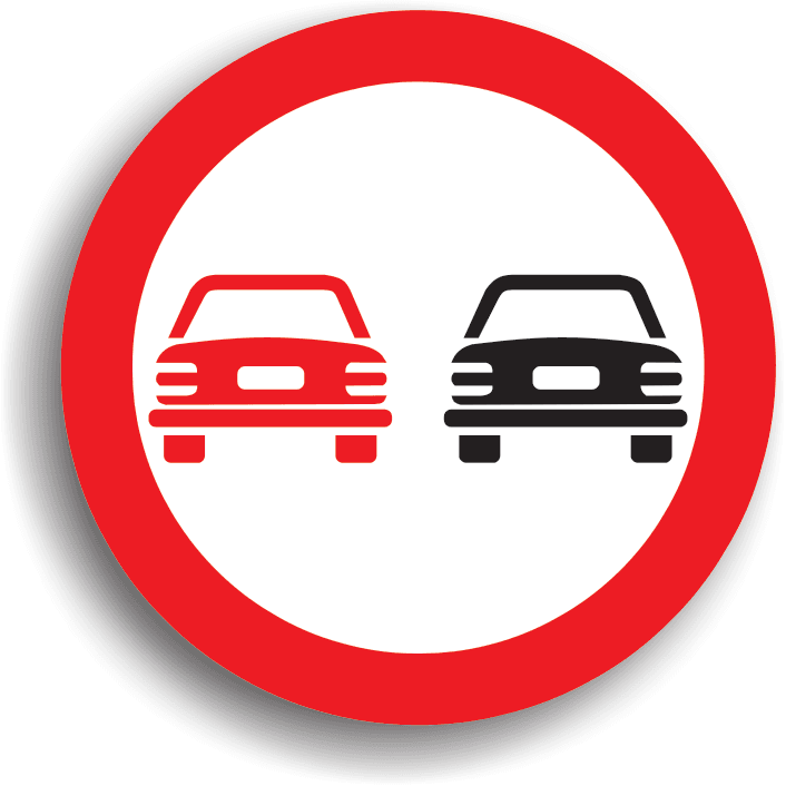 La întâlnirea acestui indicator depășirea autovehiculelor, cu excepția motocicletelor fară ataș, este interzisă. Conducătorul auto care întâlnește acest indicator nu are voie să depășească niciun vehicul cu motor, cu excepția motocicletelor fară ataș, însă are voie să depășească vehicule simple (biciclete, vehicule cu tracțiune animală, vehicule împinse sau trase cu mâna). Raza de acțiune a indicatorului se termina la întâlnirea indicatorului "Sfârșitul interzicerii de a depăși" sau "Sfârșitul tuturor restricțiilor", dacă pe acel sector de drum a mai fost stabilită vre-o restricție. De asemenea, zona de acțiune a indicatorului mai poate fi limitata și de coltul primei intersecții pe sensul de mers (unde îi încetează practic acțiunea). În zona să de acțiune este interzisa și oprirea (deci și staționarea, întoarcerea și mersul înapoi).