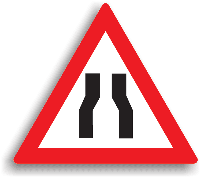 Se amplasează la 100-200 m de locul în care sectorul de drum începe să se îngusteze pe ambele părți cu cel puțin jumătate de metru. La întâlnirea acestui indicator, conducătorul auto poate, preventiv, să reducă viteza, iar manevrele de oprire, staționare, mersul înapoi și întoarcerea sunt interzise. Depășirea este permisă.