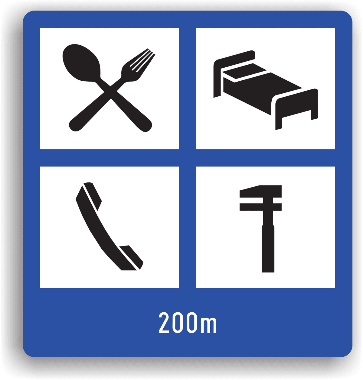 Se afla amplasat în apropierea unui complex ce oferă conducătorilor auto diverse servicii (restaurant, hotel, telefon, service auto). Pe indicator se inscripționează și distanța până la respectivul complex. Se afla amplasat în apropierea unui complex ce oferă conducătorilor auto diverse servicii (restaurant, hotel, telefon, service auto). Pe indicator se inscripționează și distanța până la respectivul complex.