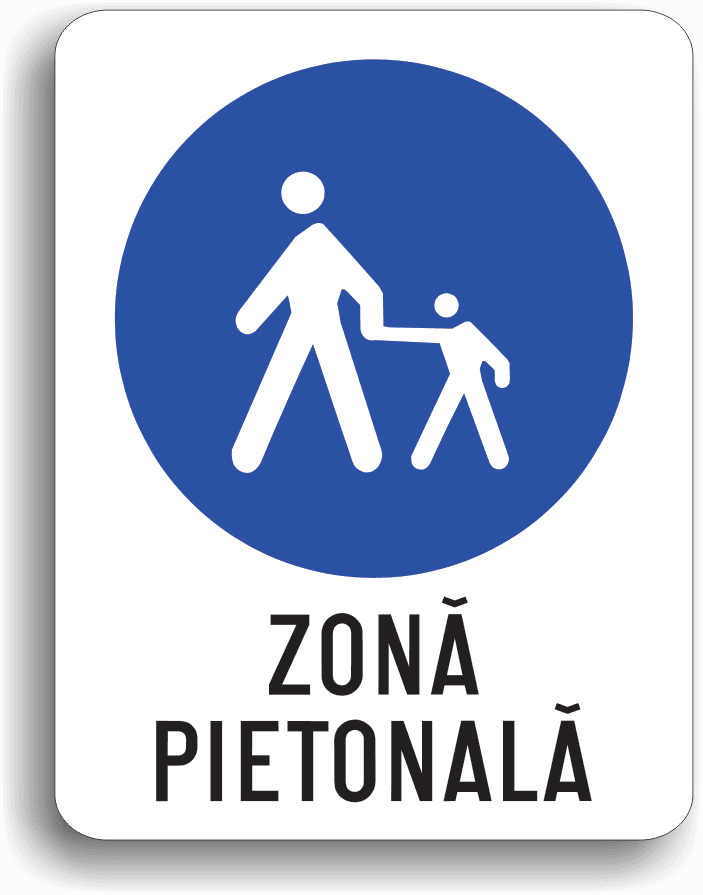 Se montează la intrarea în zonele pietonale. Acestea reprezintă una sau mai multe străzi rezervate pietonilor, unde accesul vehiculelor se face numai dacă se locuiește în zona sau prestează servicii publice și nu există altă posibilitate de acces. Conducătorii auto sunt obligați să circule cu viteza de cel mult 5 km/h. Se montează la intrarea în zonele pietonale. Acestea reprezintă una sau mai multe străzi rezervate pietonilor, unde accesul vehiculelor se face numai dacă se locuiește în zona sau prestează servicii publice și nu există altă posibilitate de acces. Conducătorii auto sunt obligați să circule cu viteza de cel mult 5 km/h.