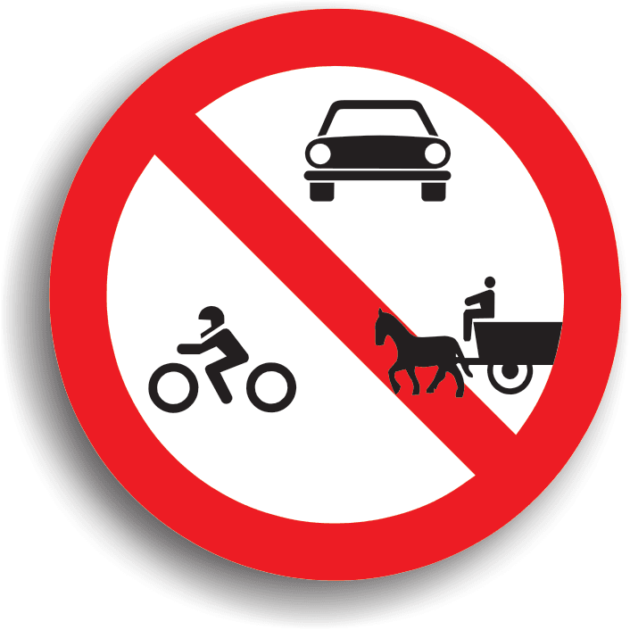 Se instalează la intrarea pe drumurile publice pe care accesul vehiculelor cu motor și al vehiculelor cu tracțiune animală este interzis. Permite accesul doar bicicletelor și vehiculelor împinse sau trase cu mâna. Se instalează la intrarea pe drumurile publice pe care accesul vehiculelor cu motor și al vehiculelor cu tracțiune animală este interzis. Permite accesul doar bicicletelor și vehiculelor împinse sau trase cu mâna.