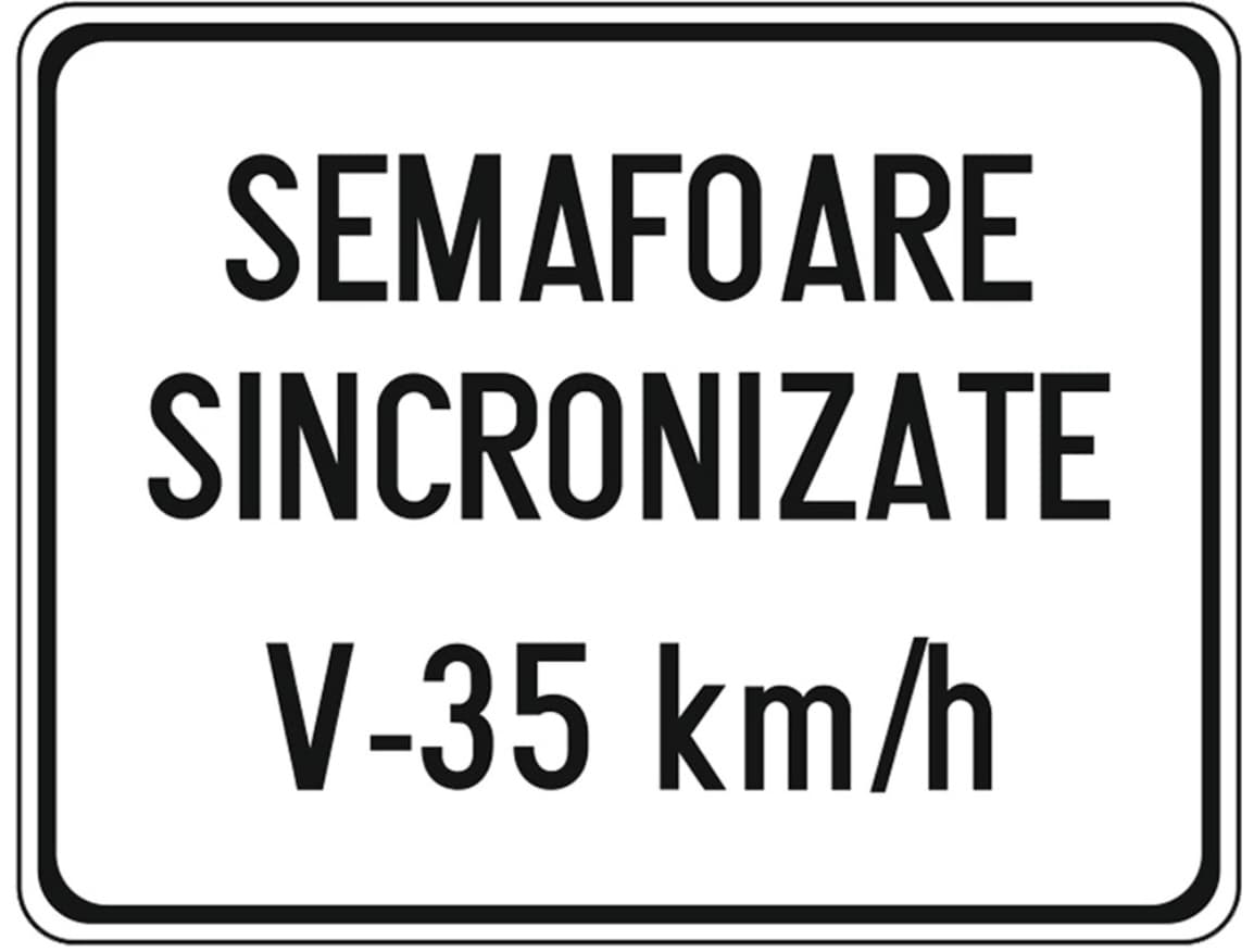 Se află instalat la începutul sectorului de drum cu semafoare sincronizate. Viteza înscrisă pe indicator reprezintă viteza pe care conducătorul auto trebuie să o mențină pentru a prinde culoarea verde la toate semafoarele din aceasta zonă. Se află instalat la începutul sectorului de drum cu semafoare sincronizate. Viteza înscrisă pe indicator reprezintă viteza pe care conducătorul auto trebuie să o mențină pentru a prinde culoarea verde la toate semafoarele din aceasta zonă.